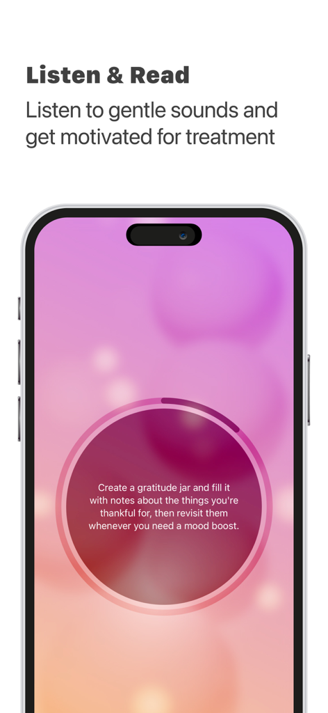 Pantalla de aplicación móvil que muestra un ejercicio de "tarro de gratitud" para la salud mental y el alivio del estrés.
