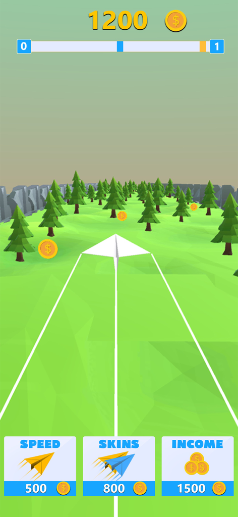 Fly Paper Plane Gameのゲームプレイ、松林を飛ぶ紙飛行機、コイン収集とアップグレードメニュー