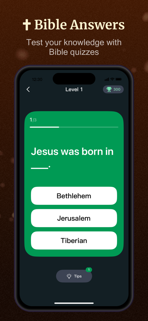 KJV Bible Now: Read & Study - イエスの誕生地に関する聖書トリビアクイズの質問と複数の選択肢の回答を表示するモバイルアプリ画面