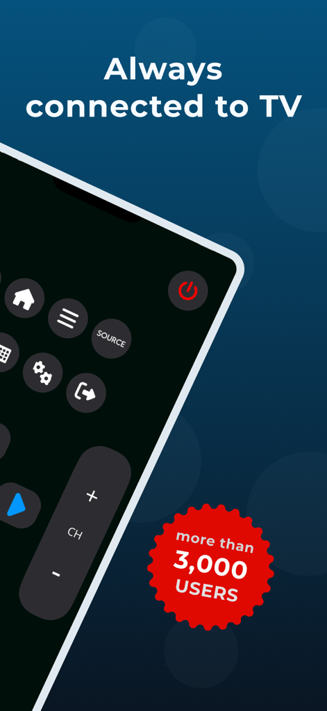 Tela do smartphone mostrando a interface de controle MyRemote TV com um selo de 3000 usuários