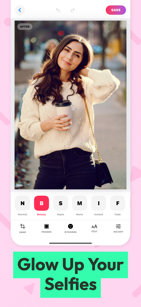 Sweet Selfie Camera - Editor - Sweet Selfie Camera app interface showing beauty filters and editing tools applied to a woman portrait.