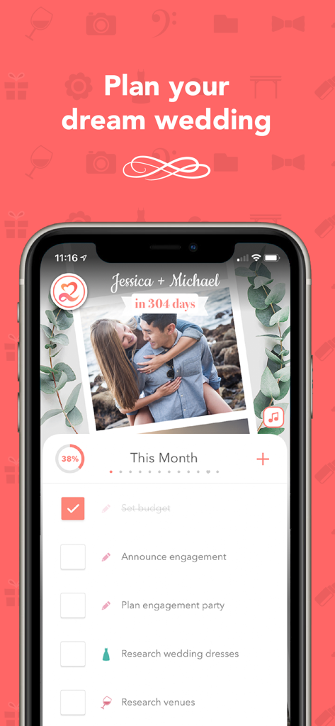 Wedding Planner ‎ - Wedding Plannerアプリのホーム画面。パーソナライズされたカウントダウンと計画チェックリストが表示されています。