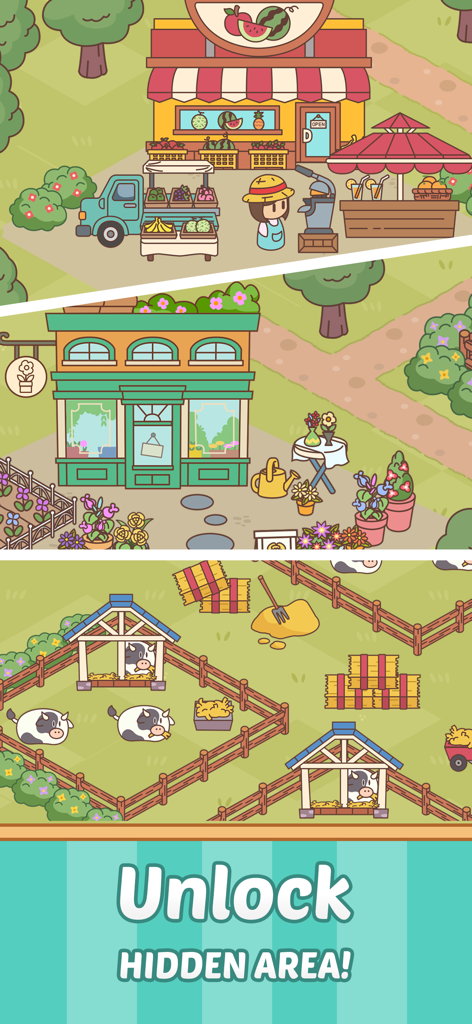 Merge Mend : Renovate Town - Un collage que muestra una frutería, una floristería y una granja de vacas con el texto Desbloquea Área Oculta