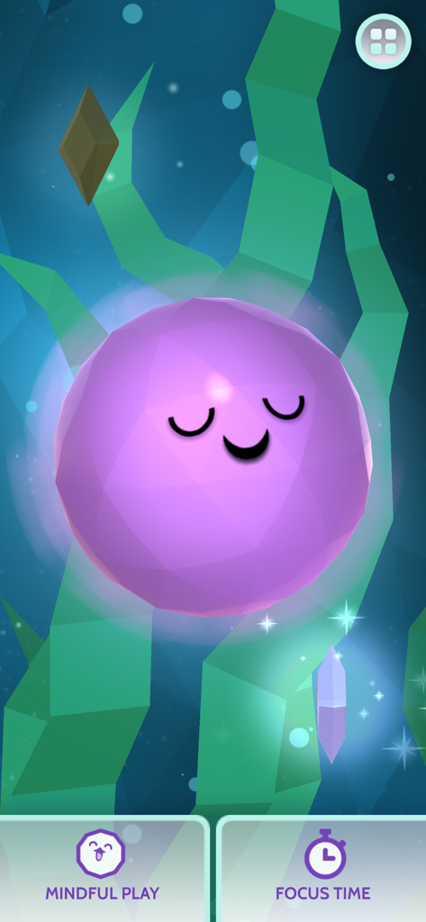 Mindful Powers™ - The home screen of the Mindful Powers app featuring the purple Flibbertigibbet character and main menu options