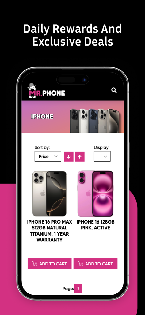 Pantalla de la aplicación Mr. Phone mostrando iPhone 16 Pro Max y iPhone 16 con ofertas exclusivas y botones para añadir al carrito.