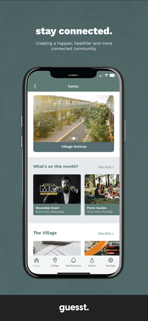 Interfaz de la pantalla de inicio de la aplicación guesst que muestra avisos del campamento y próximos eventos comunitarios