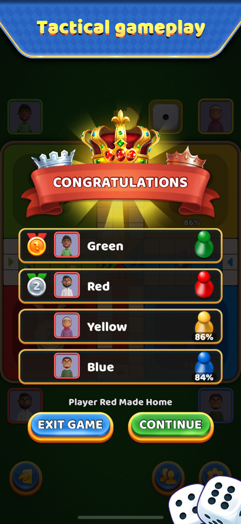 Ludo Offline: Dice Board Game - Congratulations screen in Ludo Offline showing winner rankings and player progress