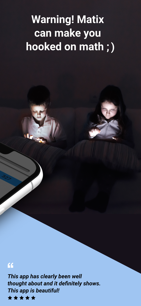 Two children playing the Matix mental math game on tablets at night with a five star review