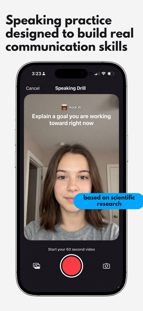 Kodi AI: Speaking Coach - A woman practicing communication skills with a video speaking drill in the Kodi AI app