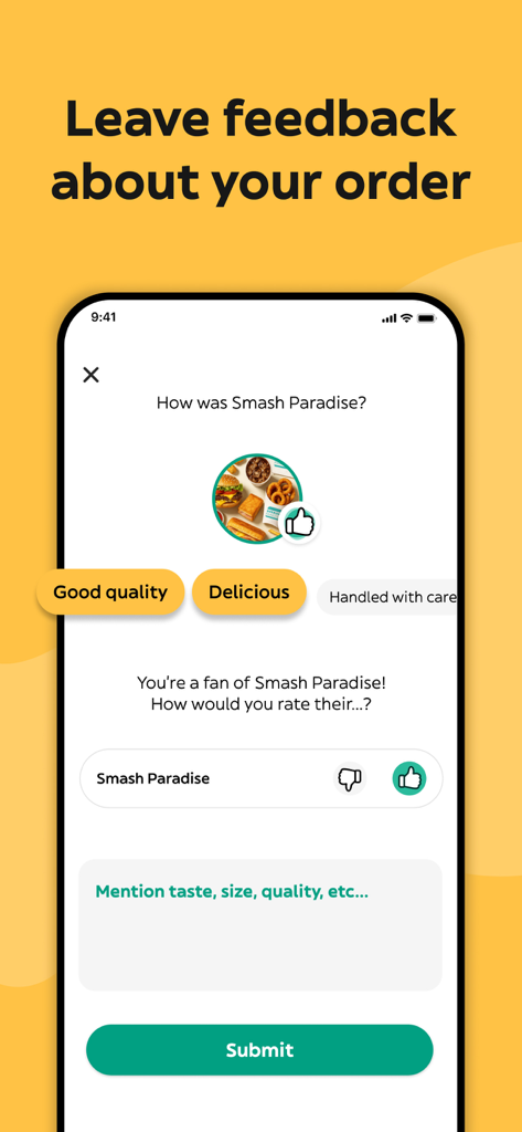Glovo: Food Delivery, Takeaway - Interfaccia per lasciare feedback e valutare un ordine di cibo sull'app mobile Glovo