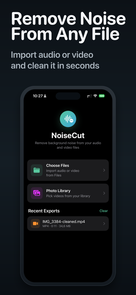 Noise Reducer · Audio Tool - NoiseCut mobile app interface showing options to import audio or video files from folders or photo library for noise reduction.