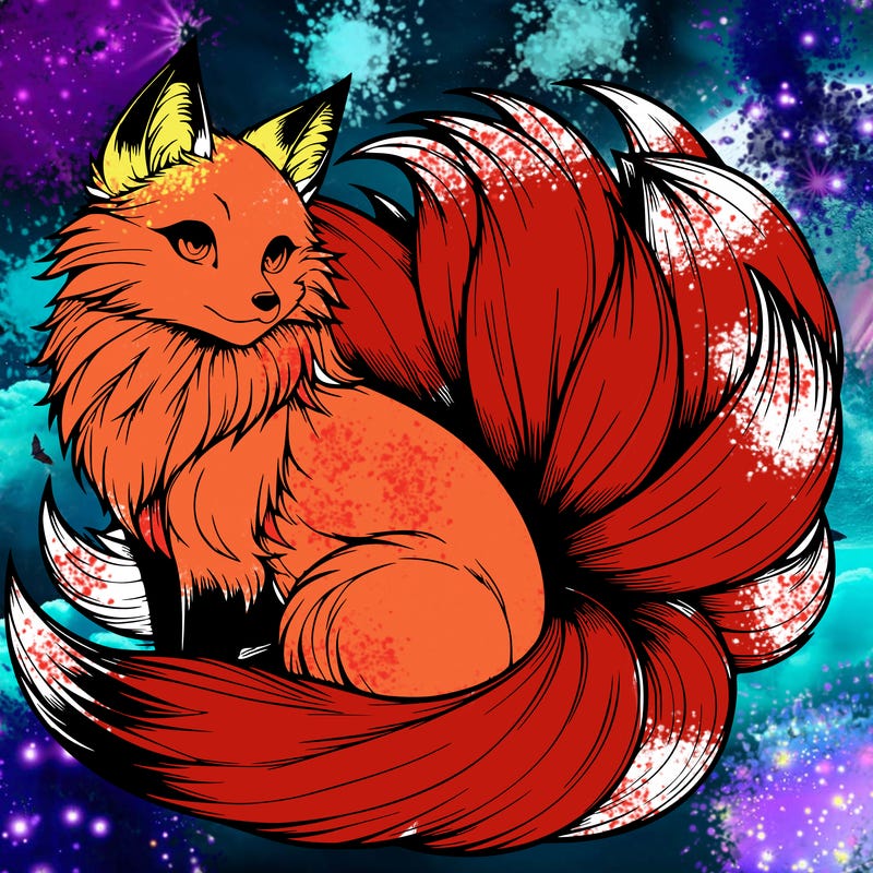 realistic detailed 9 tailed anime fox