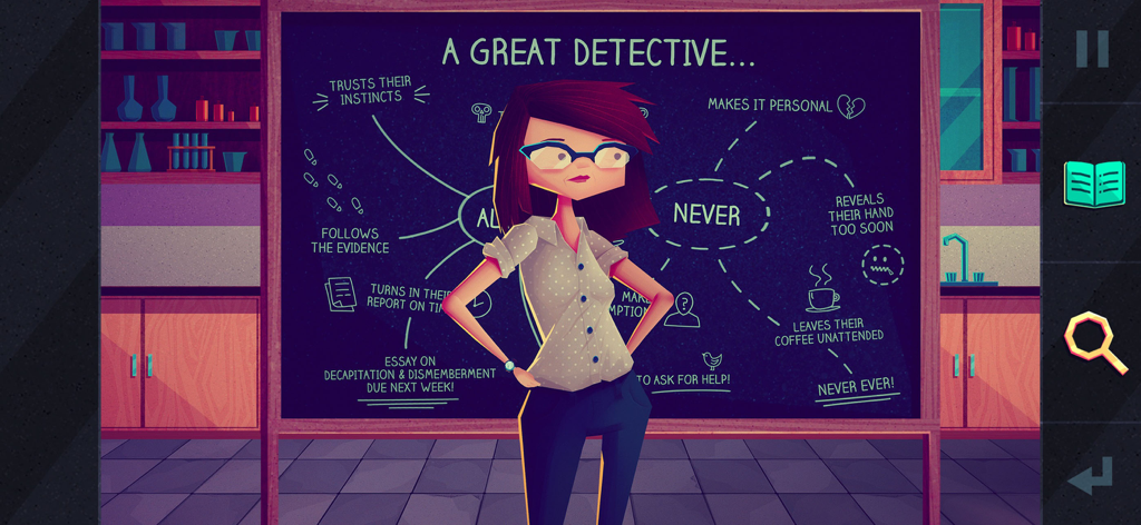 Jenny LeClue em frente a um quadro com um mapa mental intitulado Um Grande Detetive com várias regras de investigação.