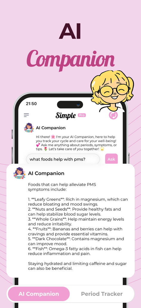 Simple Period Tracker - AI Companion in the Simple Period Tracker app answering a question about foods for PMS.