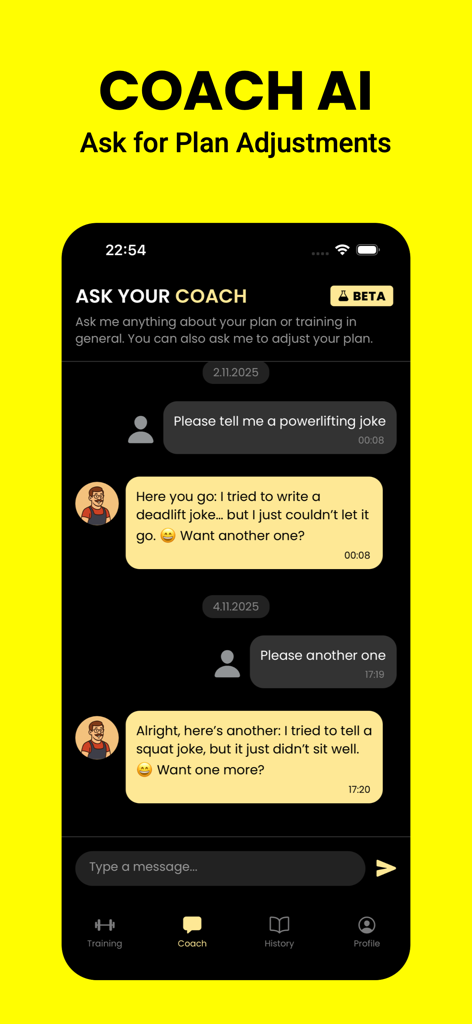 Strength Coach AI: Workout Log - Strength Coach AI mobile app chat interface showing a conversation with the AI coach