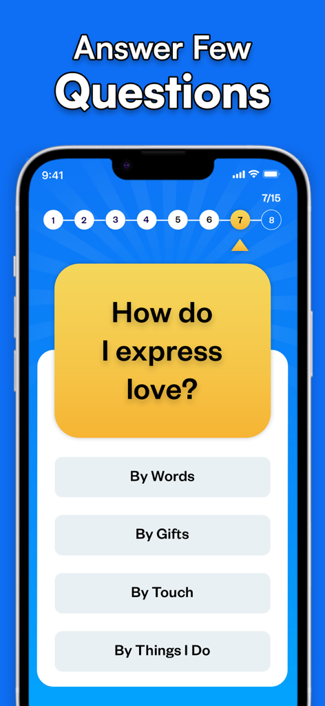 How Well Do You Know Me - Uno schermo con una domanda del quiz dall'app Quanto mi conosci che chiede come esprimo amore con quattro opzioni a scelta multipla