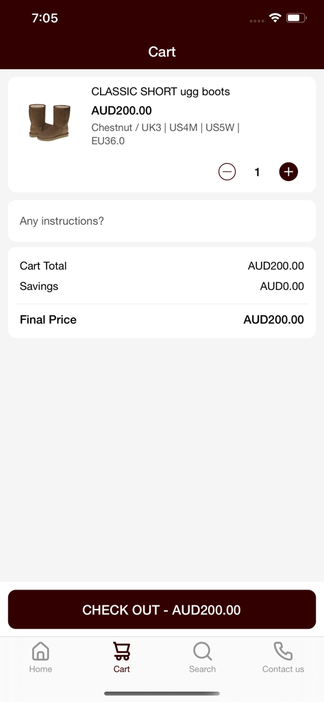 Original Australian Ugg AUD - Shopping cart interface showing classic short ugg boots and a checkout button.