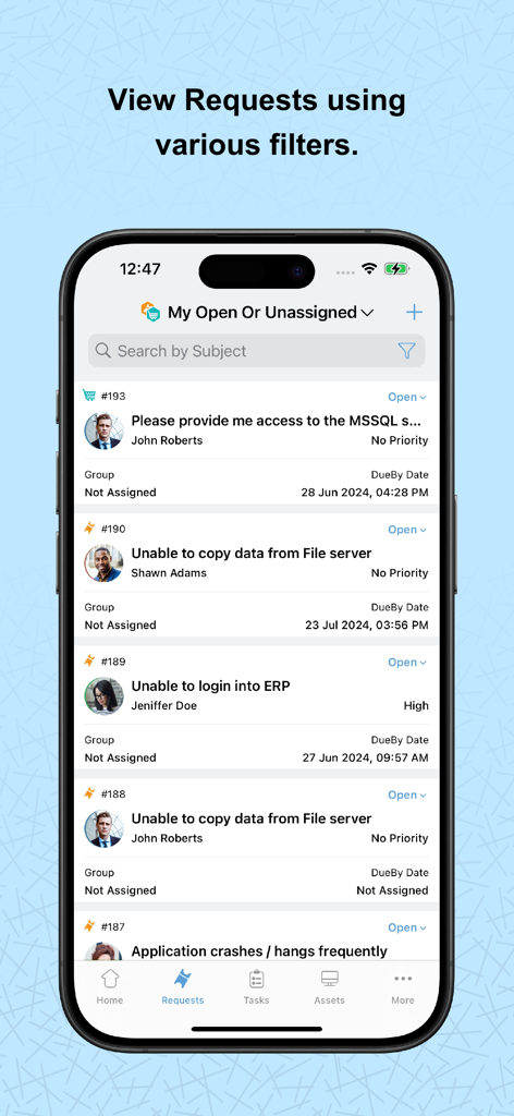 Mobile app screen showing a list of service desk requests with details and filtering options