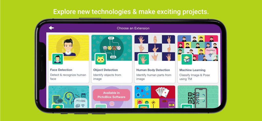 PictoBlox-Coding, Robots & AI - Interfaz de la aplicación PictoBlox que muestra extensiones de IA y aprendizaje automático, incluida la detección de rostros y objetos