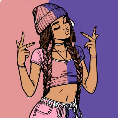 realistic teenage girl with braids and a beanie and crop top doing 🫶🏼