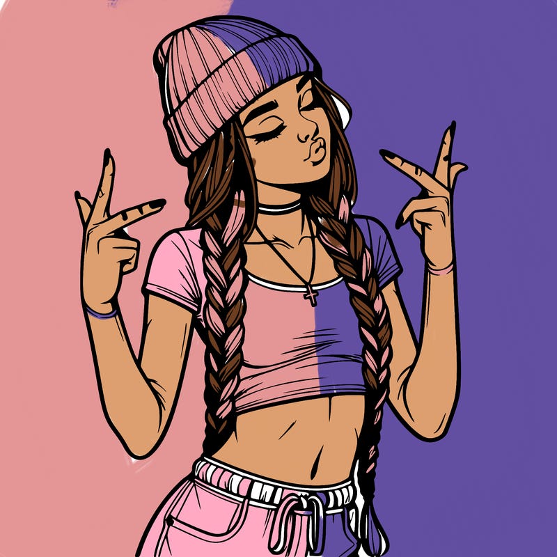 realistic teenage girl with braids and a beanie and crop top doing 🫶🏼