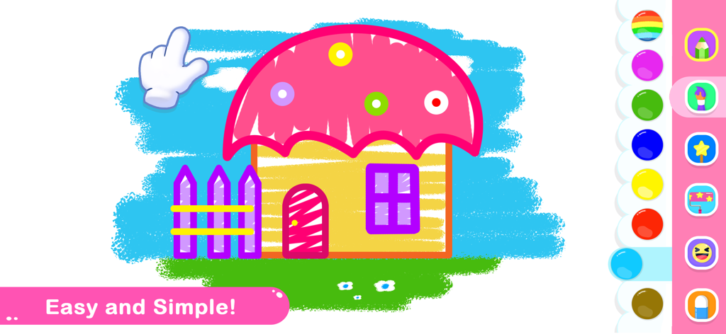 Drawing for Kids Coloring Game - Una casa colorida siendo coloreada en una interfaz de dibujo simple e intuitiva para niños.