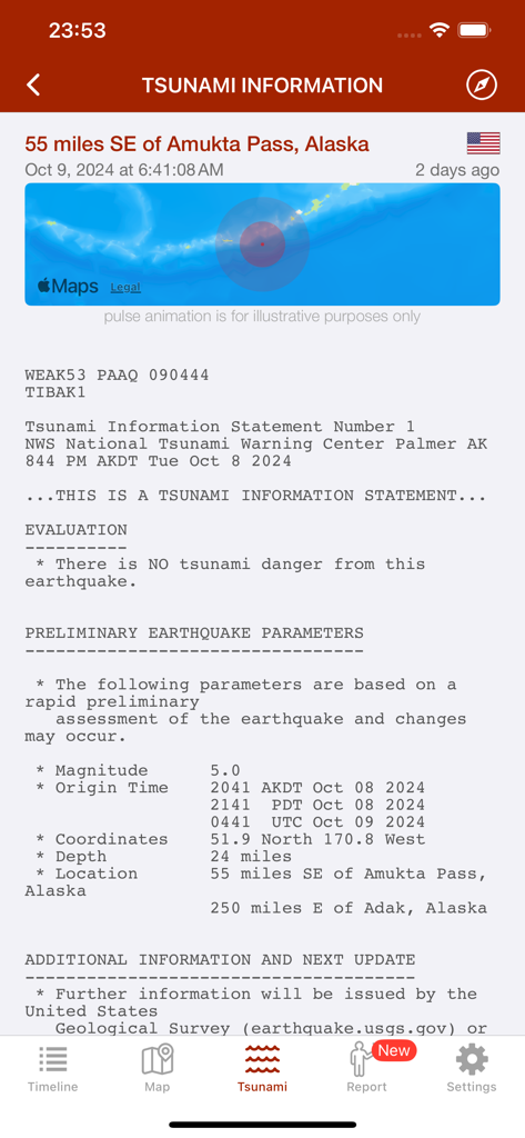 Earthquake - alerts and map - Tsunami information screen in the Earthquake app showing a magnitude 5.0 event near Alaska with a status of no tsunami danger.
