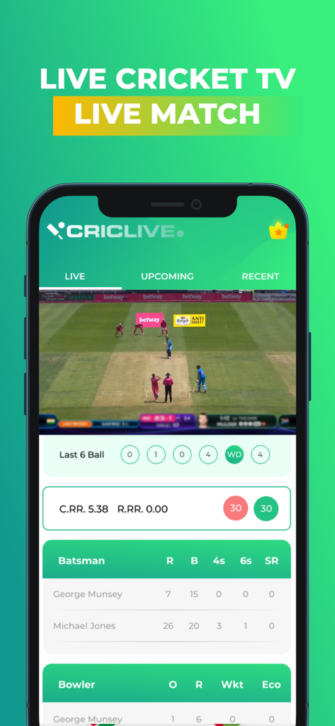 Interface of the Smartcric app showing a live cricket match broadcast and real-time game statistics
