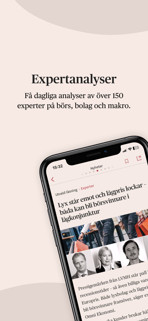Omni Ekonomiモバイルアプリの画面に、専門家による金融分析と株式市場ニュースが表示されている。