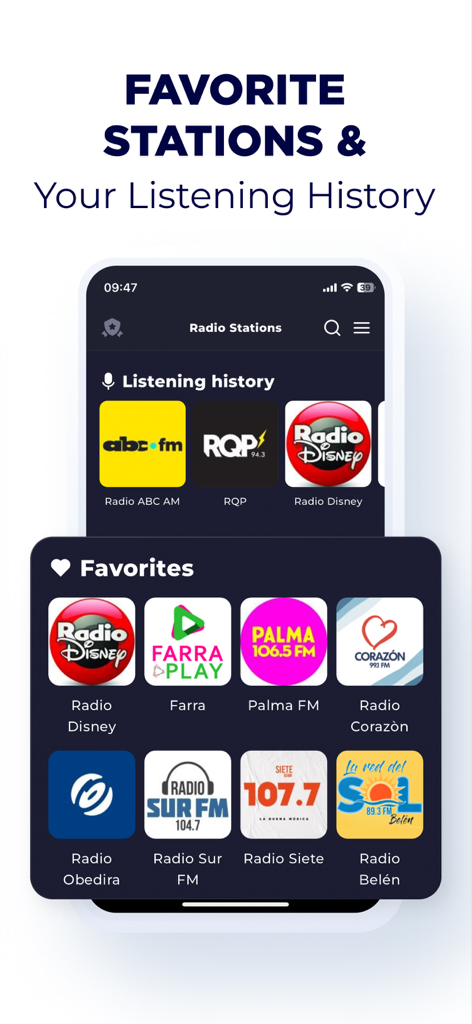 Radio Paraguay - Live FM & AM - Interface of Radio Paraguay app showing a list of favorite radio stations and the user listening history