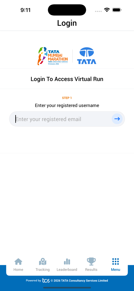 Login screen for the Tata Mumbai Marathon 2026 app Virtual Run feature