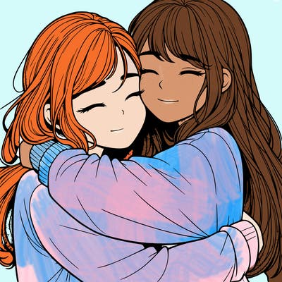 realistic two girls hugging