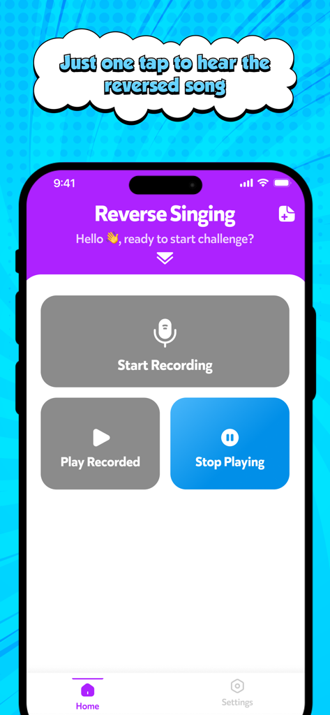 A mobile phone displaying the Reverse Audio app with buttons to start recording and play reversed audio