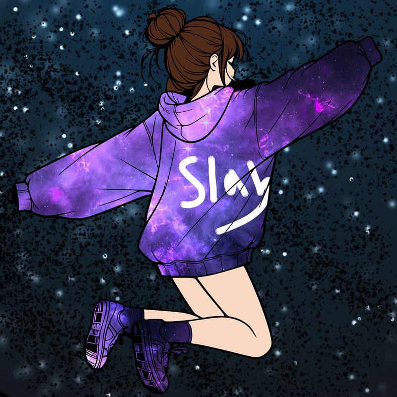 realistic girl jumping with a bun and oversized sweatshirt