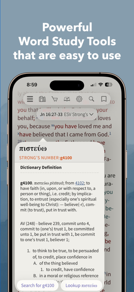Bible App - Read & Study Daily - 올리브 트리 성경 앱의 모바일 인터페이스: 더 깊은 성경 연구를 위한 그리스어 단어 사전 정의 및 스트롱 번호 표시