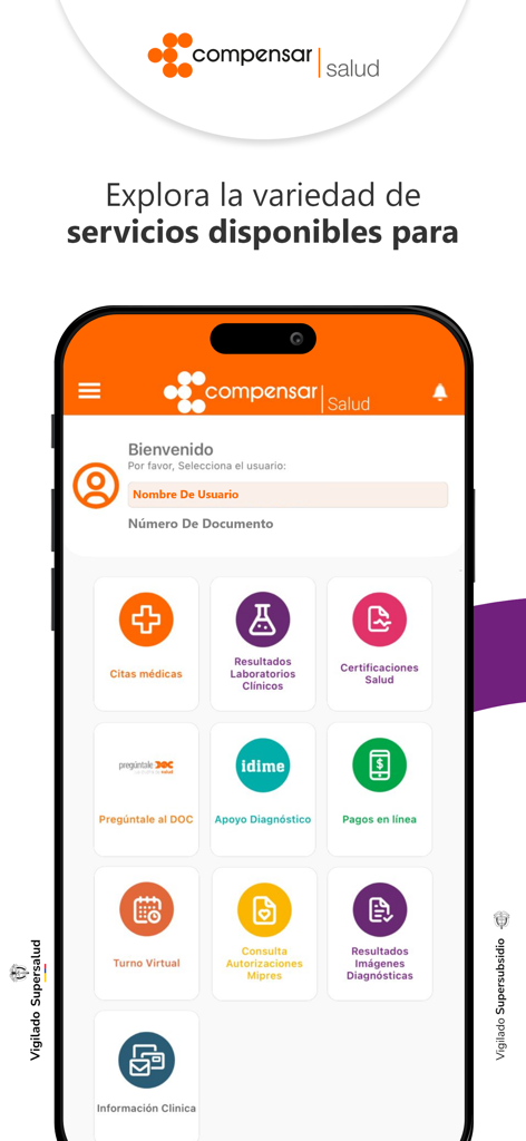 Compensar Salud - Interface principale de l'application Compensar Salud affichant les icônes des services médicaux.