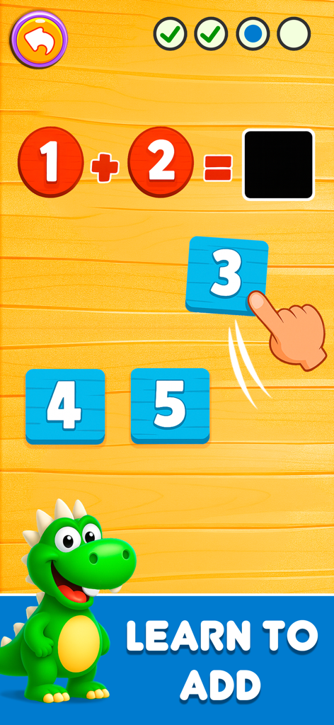 Un niño aprendiendo a sumar arrastrando el número 3 para resolver el problema de matemáticas 1 más 2 en la aplicación Dino Tim.