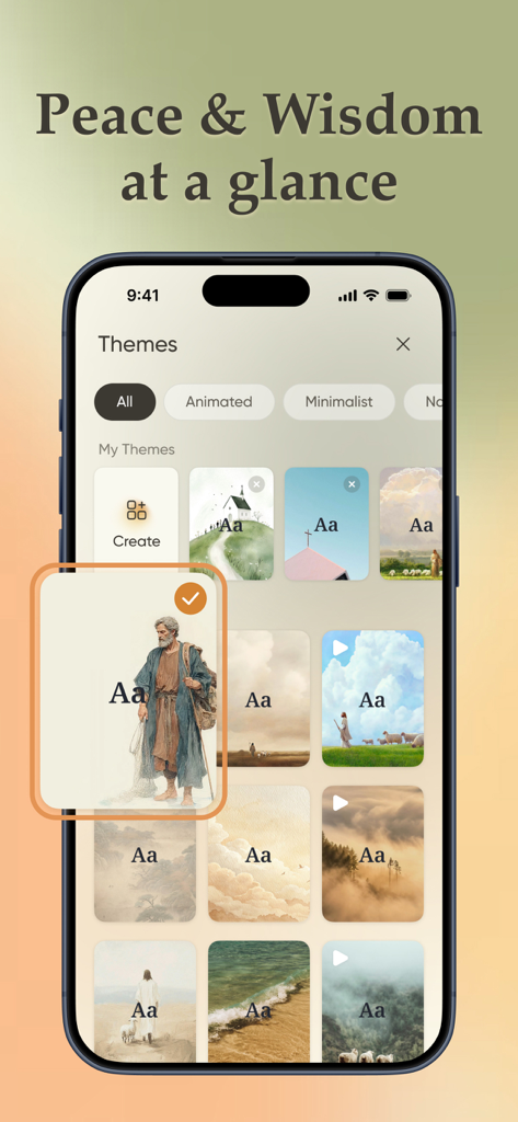 Bible Widget & Verse - Biblo - Interfaz de la aplicación Biblo que muestra una selección de temas y ilustraciones estéticas de versículos bíblicos.