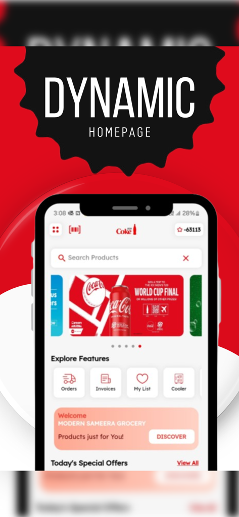 Smartphone screen showing the dynamic homepage of the Coke B2B retail app with search bar and quick access features