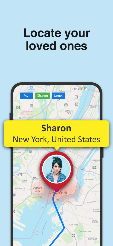Phone Tracker: Family Locator - ニューヨーク市にいる家族の位置を表示する、リアルタイムマップのモバイルアプリインターフェース