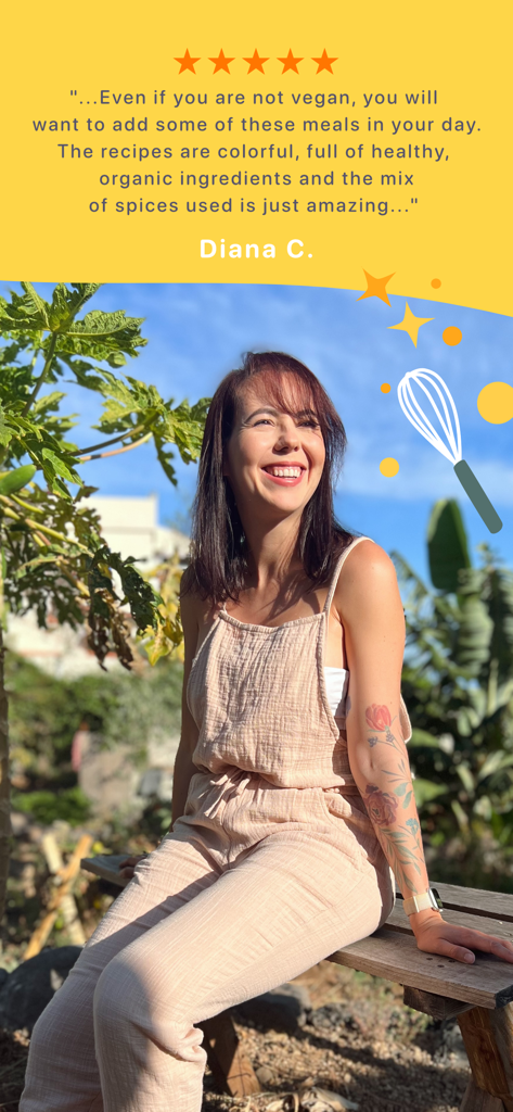 Plantiful - Healthy Recipes - A smiling woman outdoors with a five star review testimonial for the Plantiful healthy recipes app