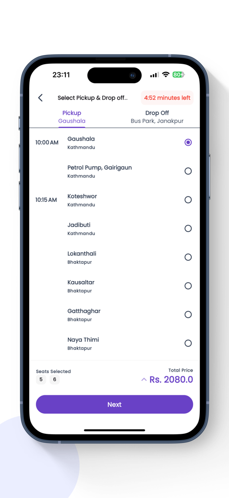 Go My Go - Book Bus Tickets - Pantalla de la aplicación Go My Go para seleccionar los lugares de recogida y entrega de autobuses en Nepal