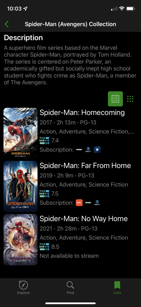 Nexus Movies & TV - La aplicación Nexus Películas y TV muestra una colección de películas de Spider-Man con información de streaming