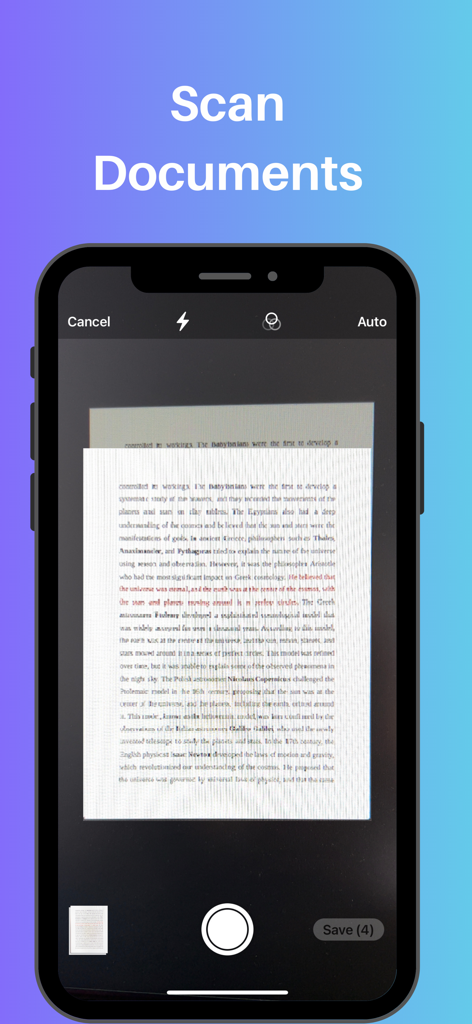 iPhone screen showing the Scan Documents feature of the Printer App with a document in the camera viewfinder.