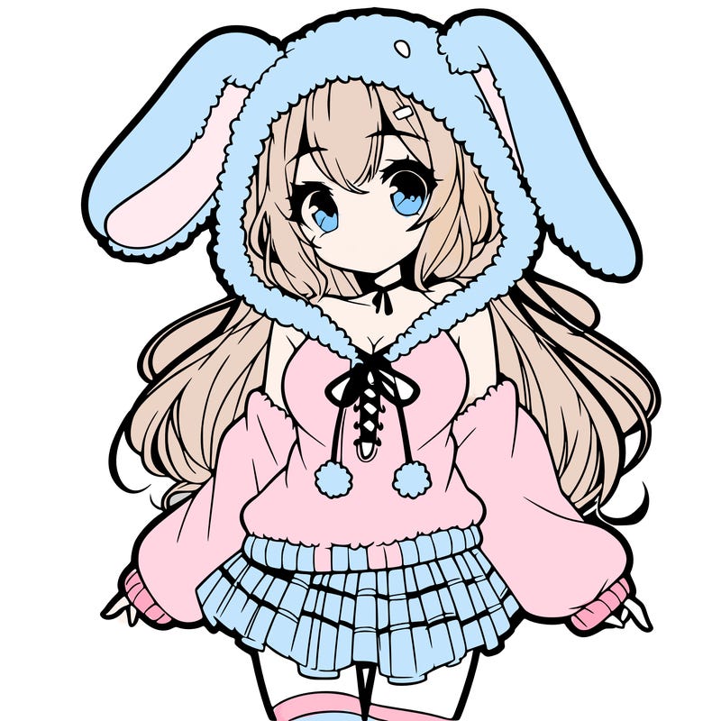 pretty anime girl wearing a fluffy hoodie with bunny ears on the hood and a skirt