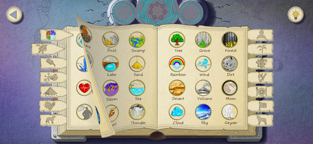Doodle Alchemy - An open book in the game Doodle Alchemy displaying various hand-drawn elemental icons like a tree, rainbow, and wind.