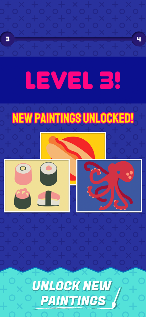 Pantalla dentro del juego que muestra el hito de Nivel 3 y las pinturas recién desbloqueadas de sushi, un hot dog y un pulpo en la aplicación Perfect Paint.