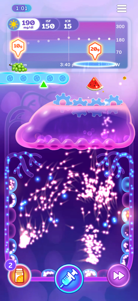 Level One: A Diabetes Game - A gameplay screen from Level One A Diabetes Game showing glucose tracking and carb counting levels