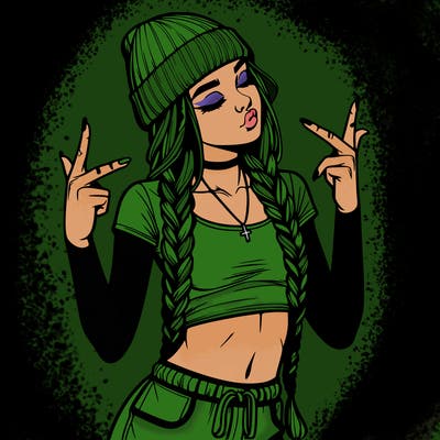 realistic teenage girl with braids and a beanie and crop top doing 🫶🏼