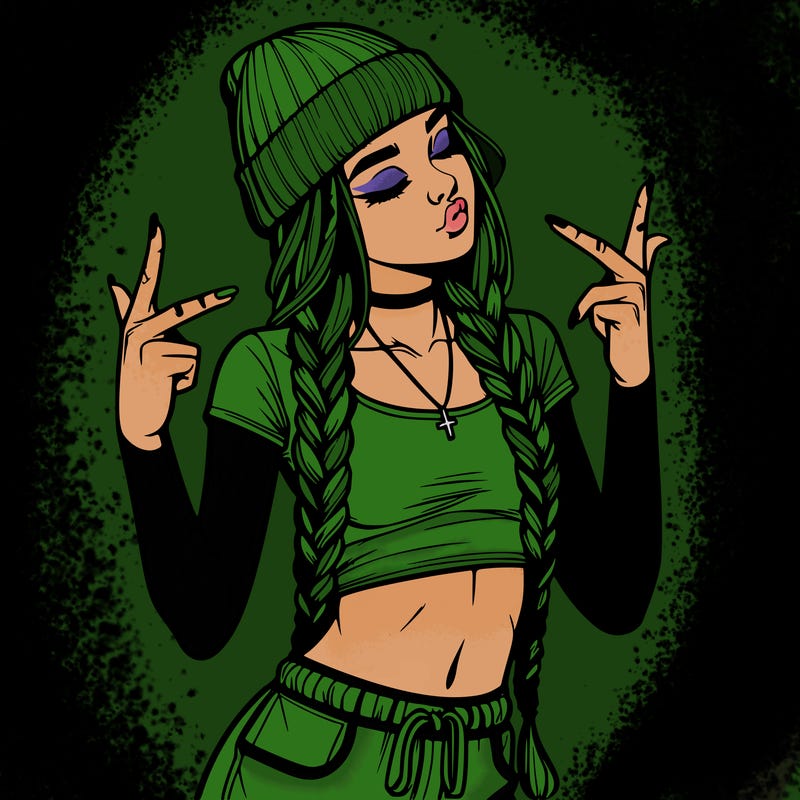 realistic teenage girl with braids and a beanie and crop top doing 🫶🏼